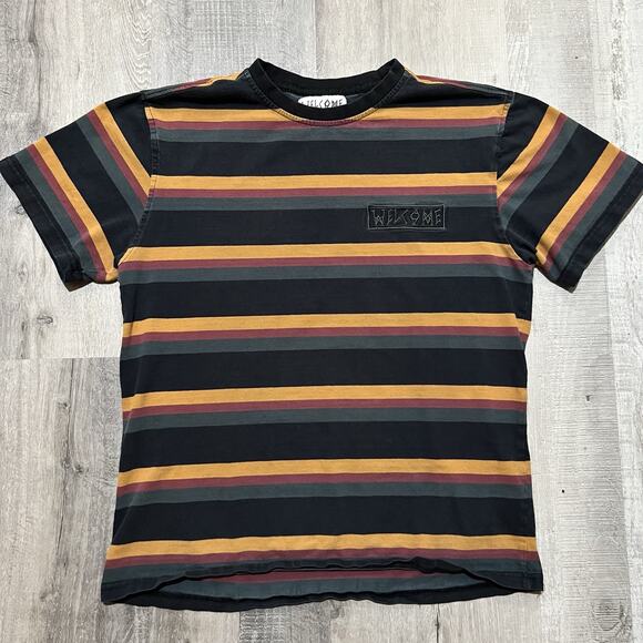 Welcome Skateboards Striped T Shirt Black/Orange Surf Skate Beach T Shirt Mens L - Picture 1 of 4